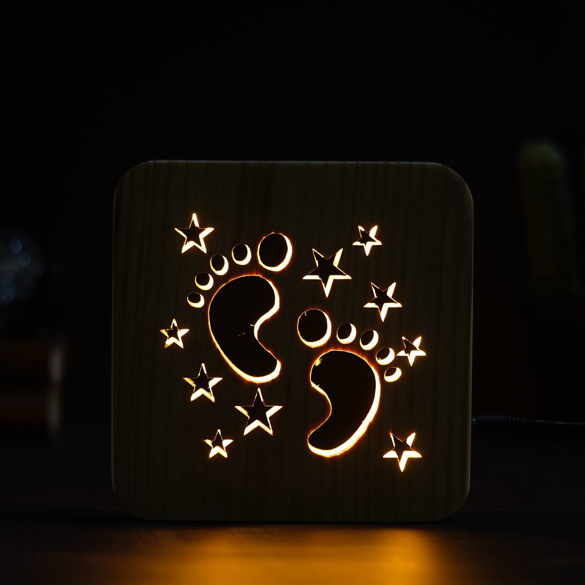 eCraftIndia Kids Foot and Stars Carving Wooden LED Table Lamp USB Night Light with Button Switch 4