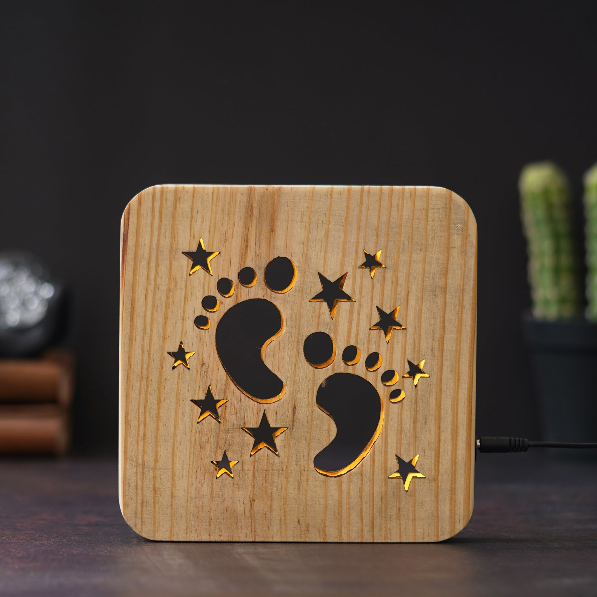 eCraftIndia Kids Foot and Stars Carving Wooden LED Table Lamp USB Night Light with Button Switch 5