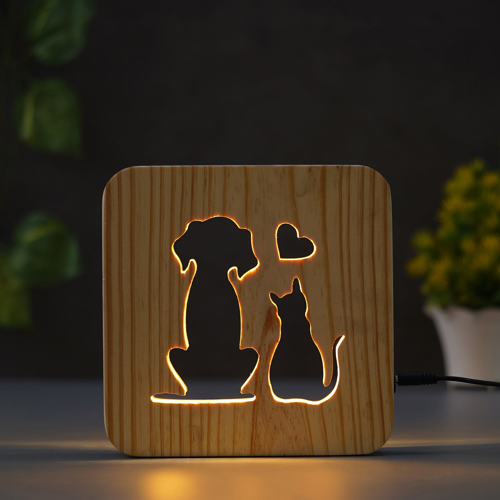 eCraftIndia Romantic Dog & Cat Love Carving Wooden LED Table Lamp USB Night Light with Button Switch