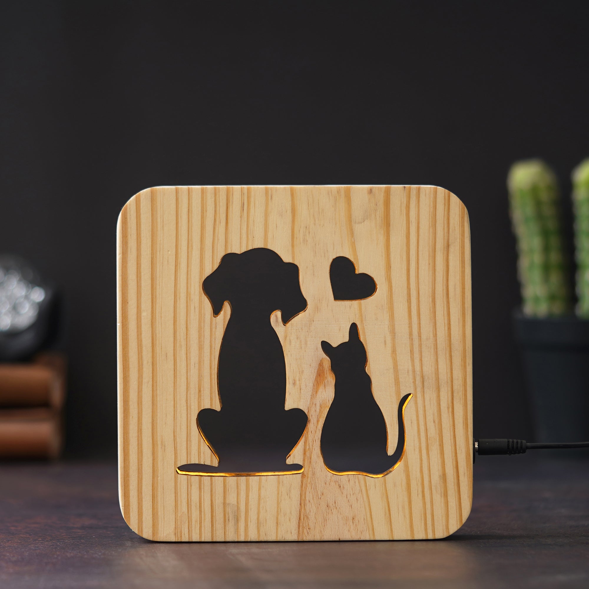 eCraftIndia Romantic Dog & Cat Love Carving Wooden LED Table Lamp USB Night Light with Button Switch 1