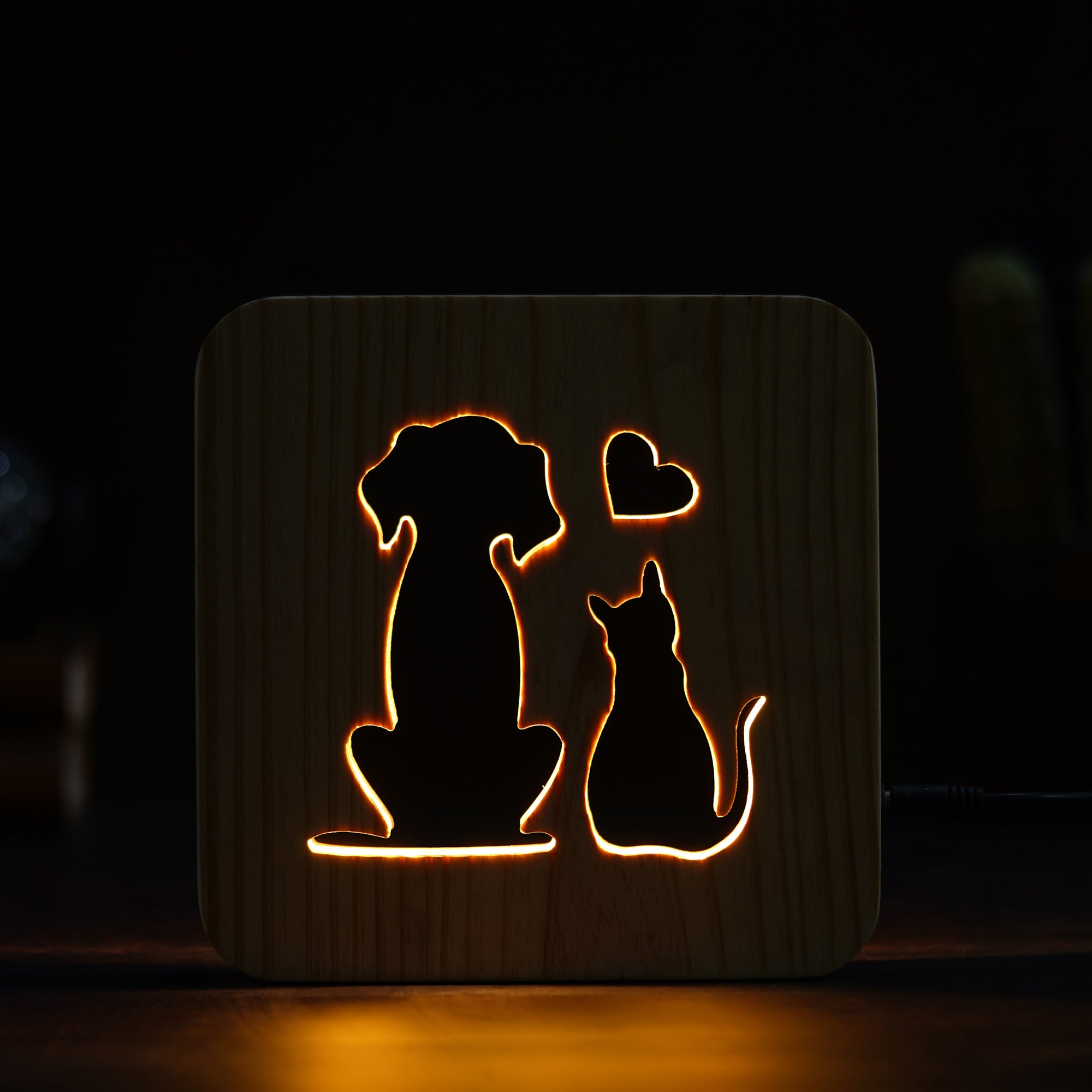 eCraftIndia Romantic Dog & Cat Love Carving Wooden LED Table Lamp USB Night Light with Button Switch 4