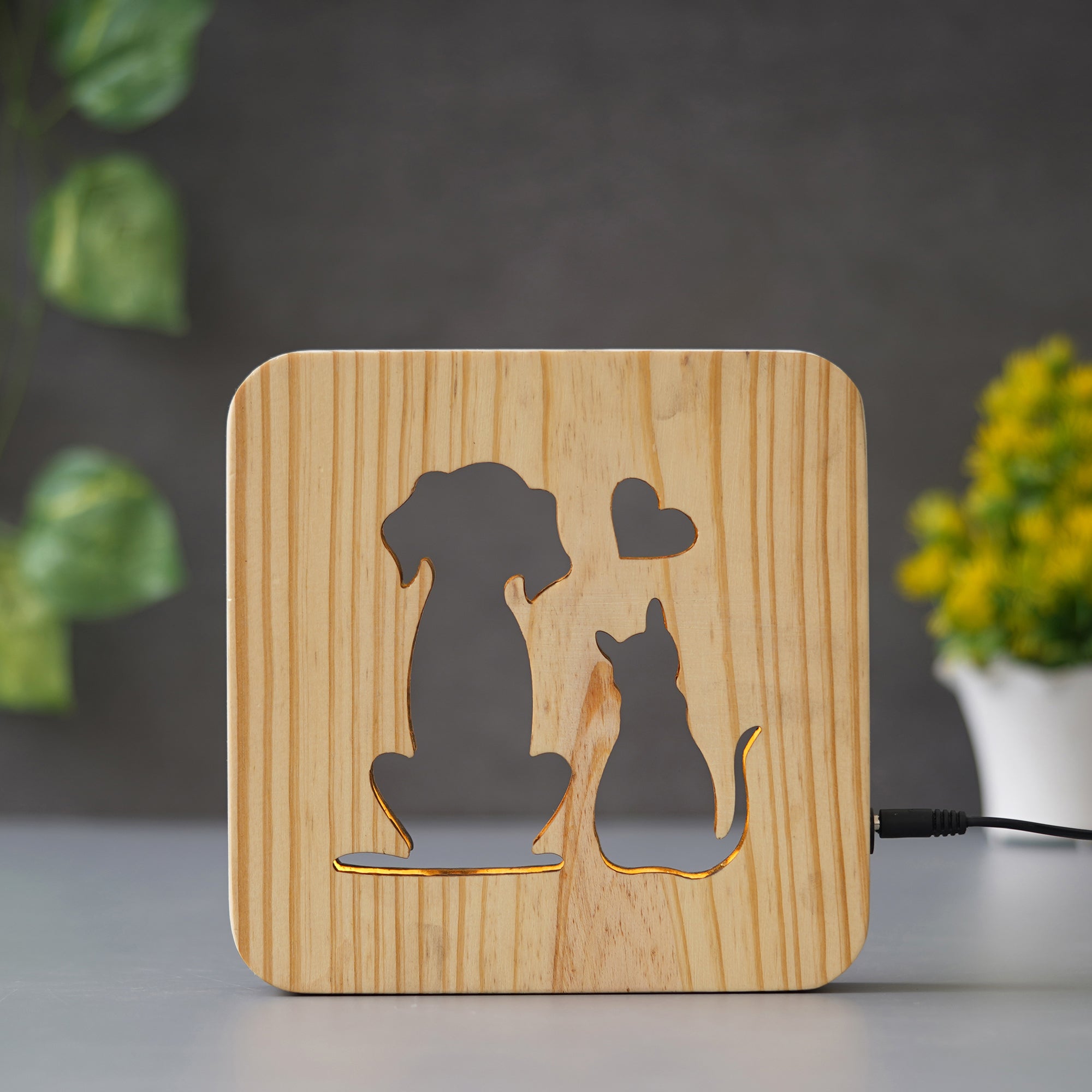 eCraftIndia Romantic Dog & Cat Love Carving Wooden LED Table Lamp USB Night Light with Button Switch 5