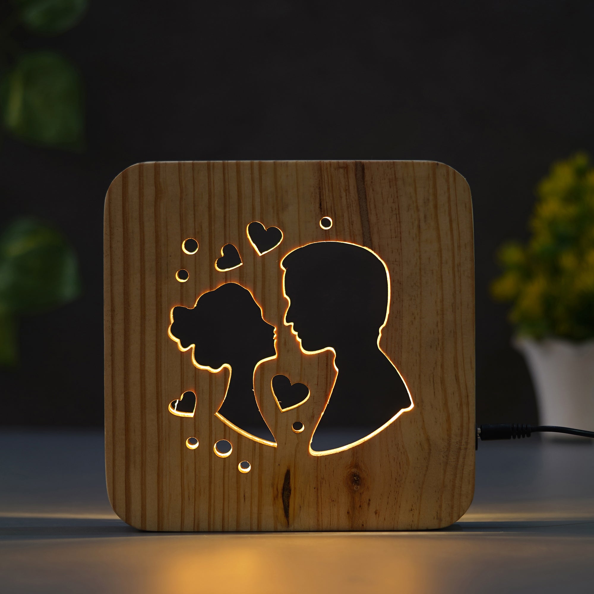 eCraftIndia Lovely Couple with Small Hearts Carving Wooden LED Table Lamp USB Night Light with Button Switch