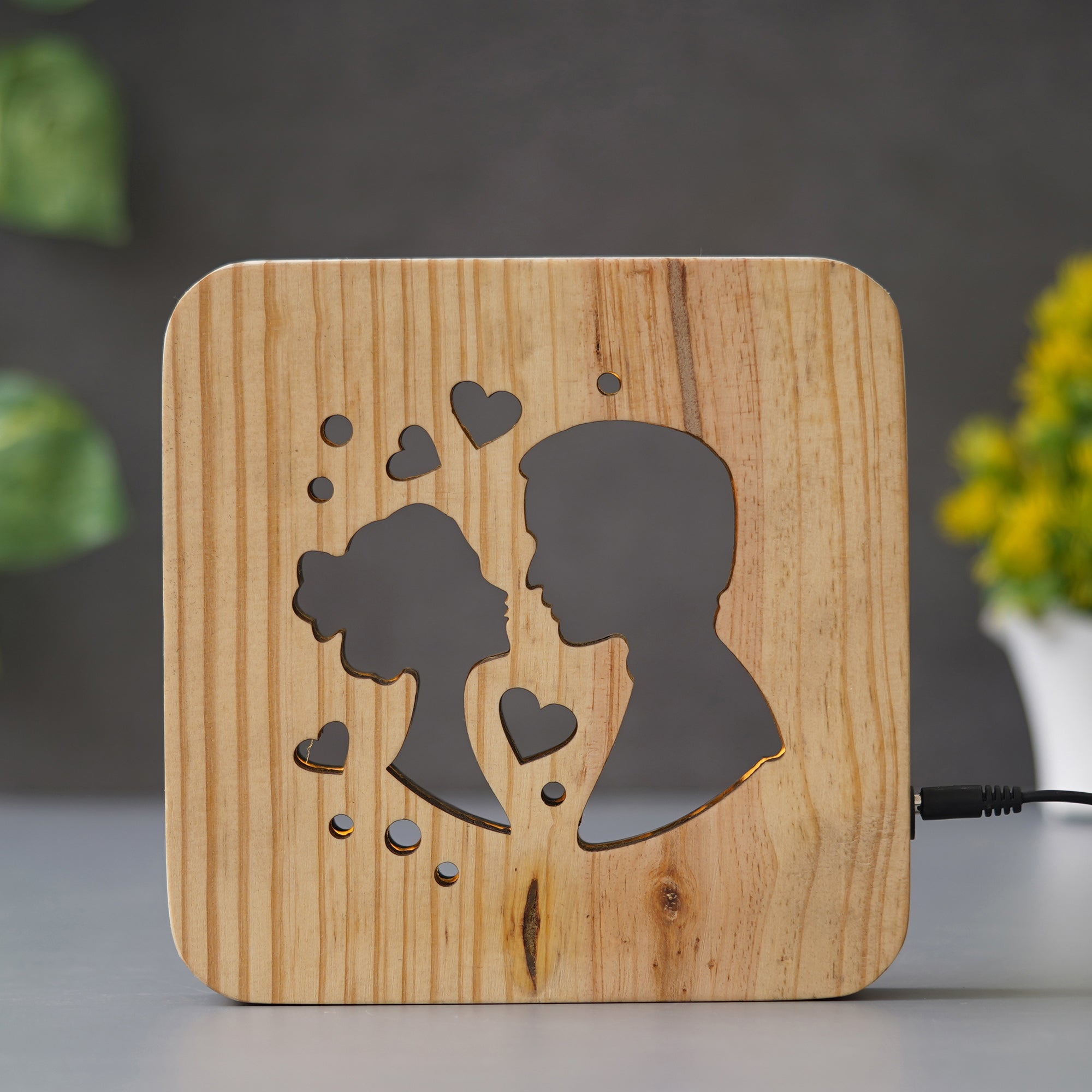 eCraftIndia Lovely Couple with Small Hearts Carving Wooden LED Table Lamp USB Night Light with Button Switch 1