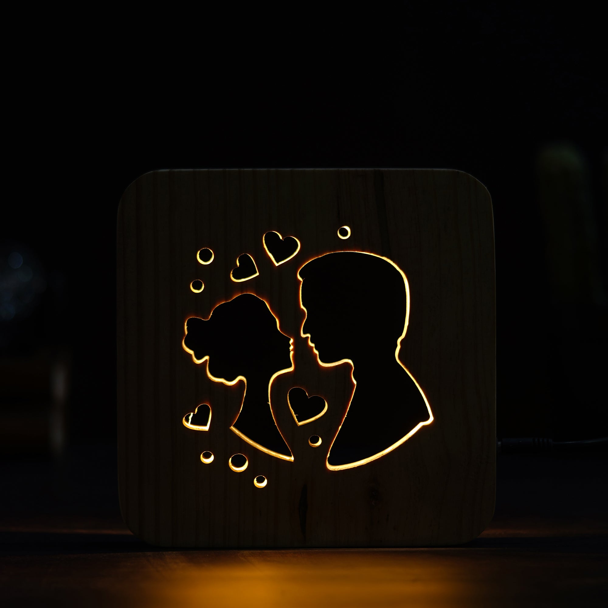 eCraftIndia Lovely Couple with Small Hearts Carving Wooden LED Table Lamp USB Night Light with Button Switch 4