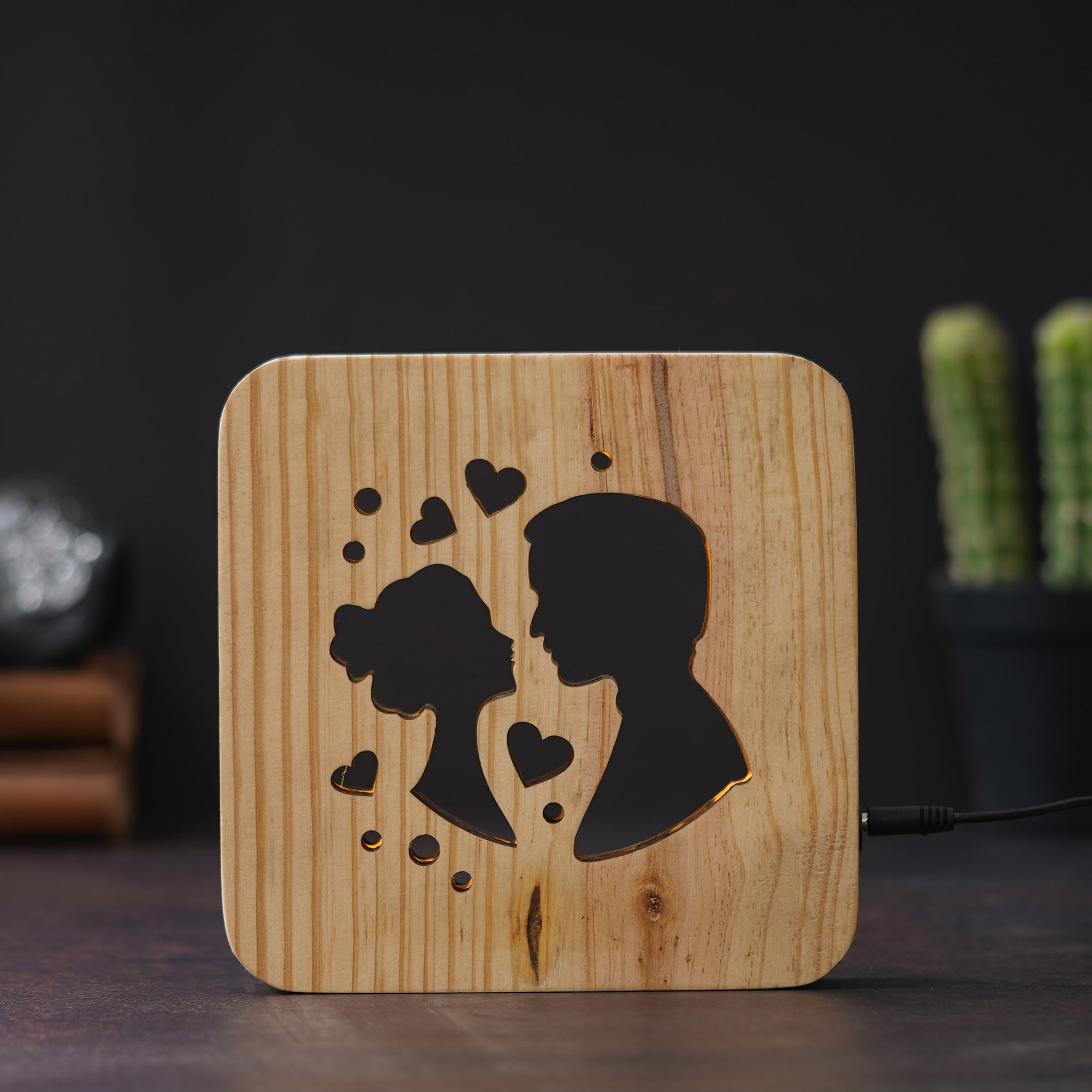 eCraftIndia Lovely Couple with Small Hearts Carving Wooden LED Table Lamp USB Night Light with Button Switch 5