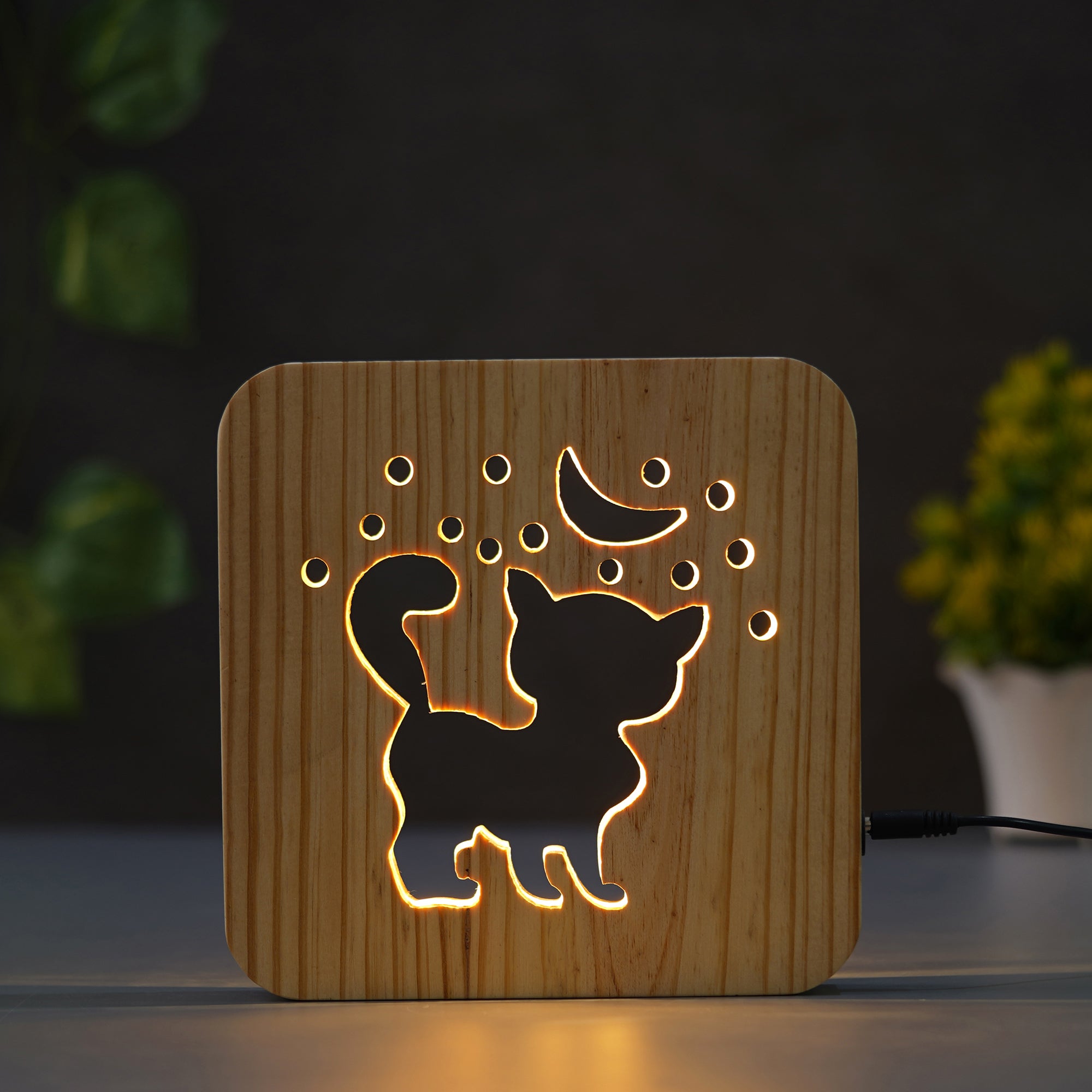 eCraftIndia Brown Cute Little Cat, Moon Carving Wooden LED Table Lamp USB Night Light with Button Switch