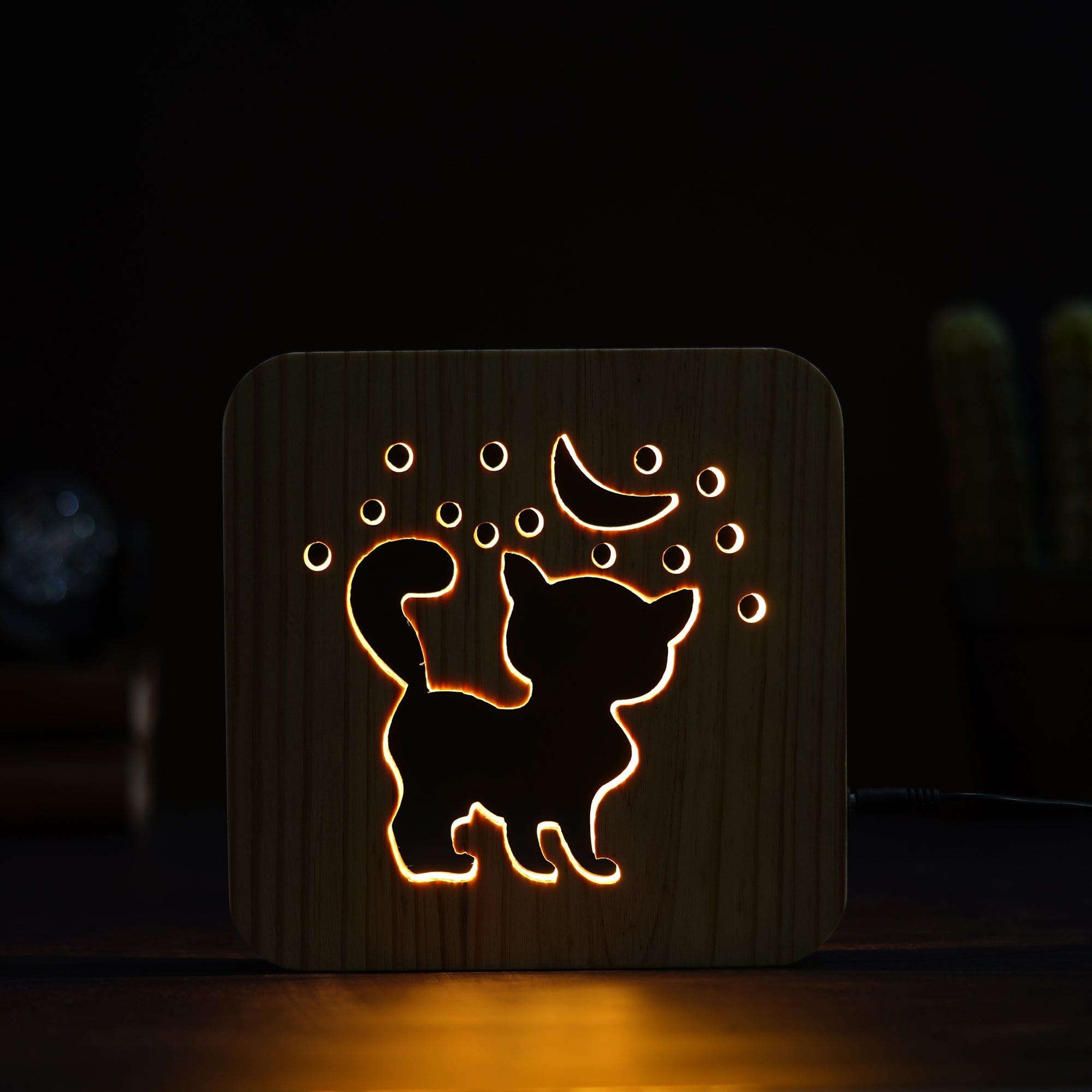 eCraftIndia Brown Cute Little Cat, Moon Carving Wooden LED Table Lamp USB Night Light with Button Switch 4