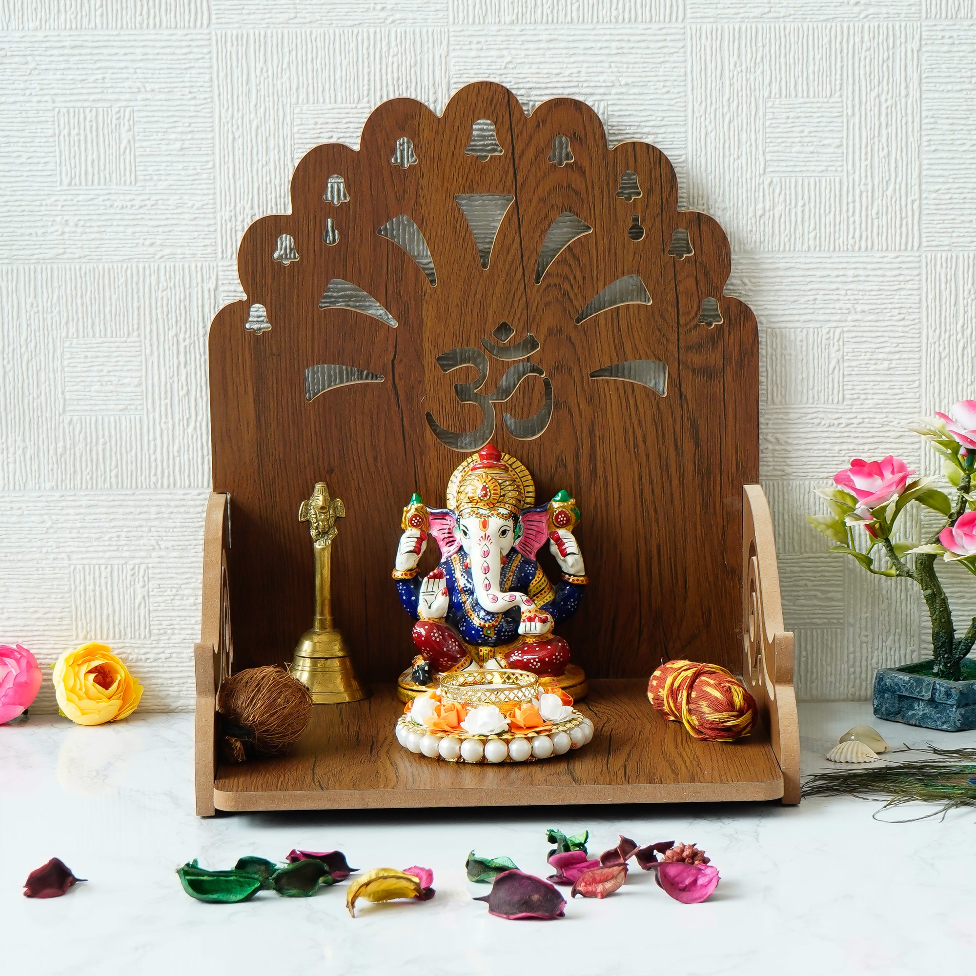 Om with Bells Design Laminated Wood Pooja Temple/Mandir 1