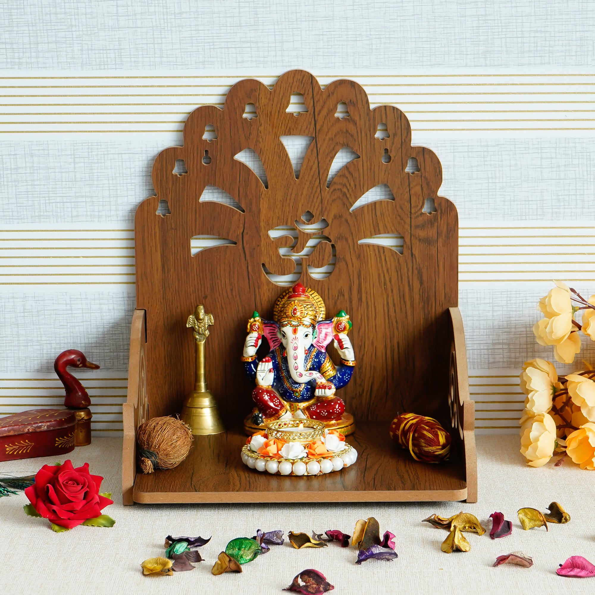 Om with Bells Design Laminated Wood Pooja Temple/Mandir