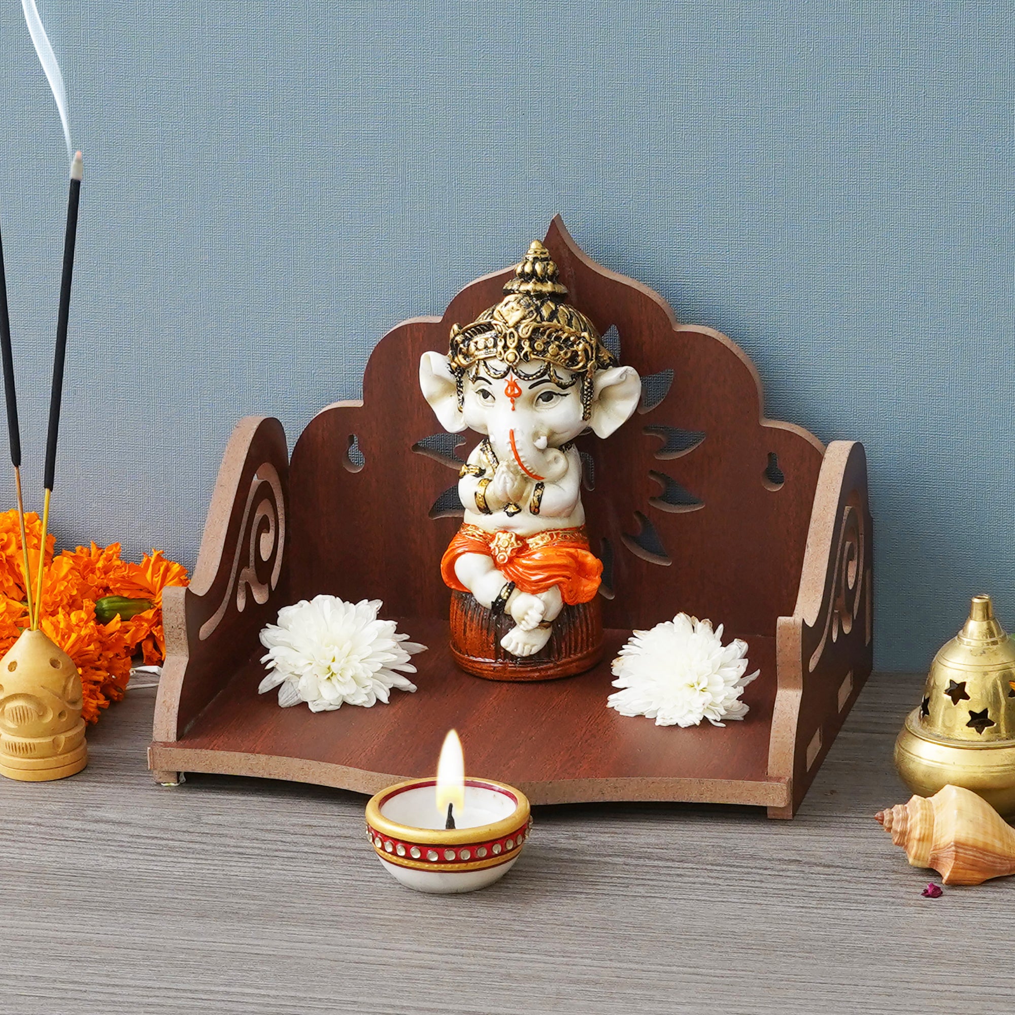 eCraftIndia Brown Decorative Beautiful Wooden Temple for Home Office and Shop 4