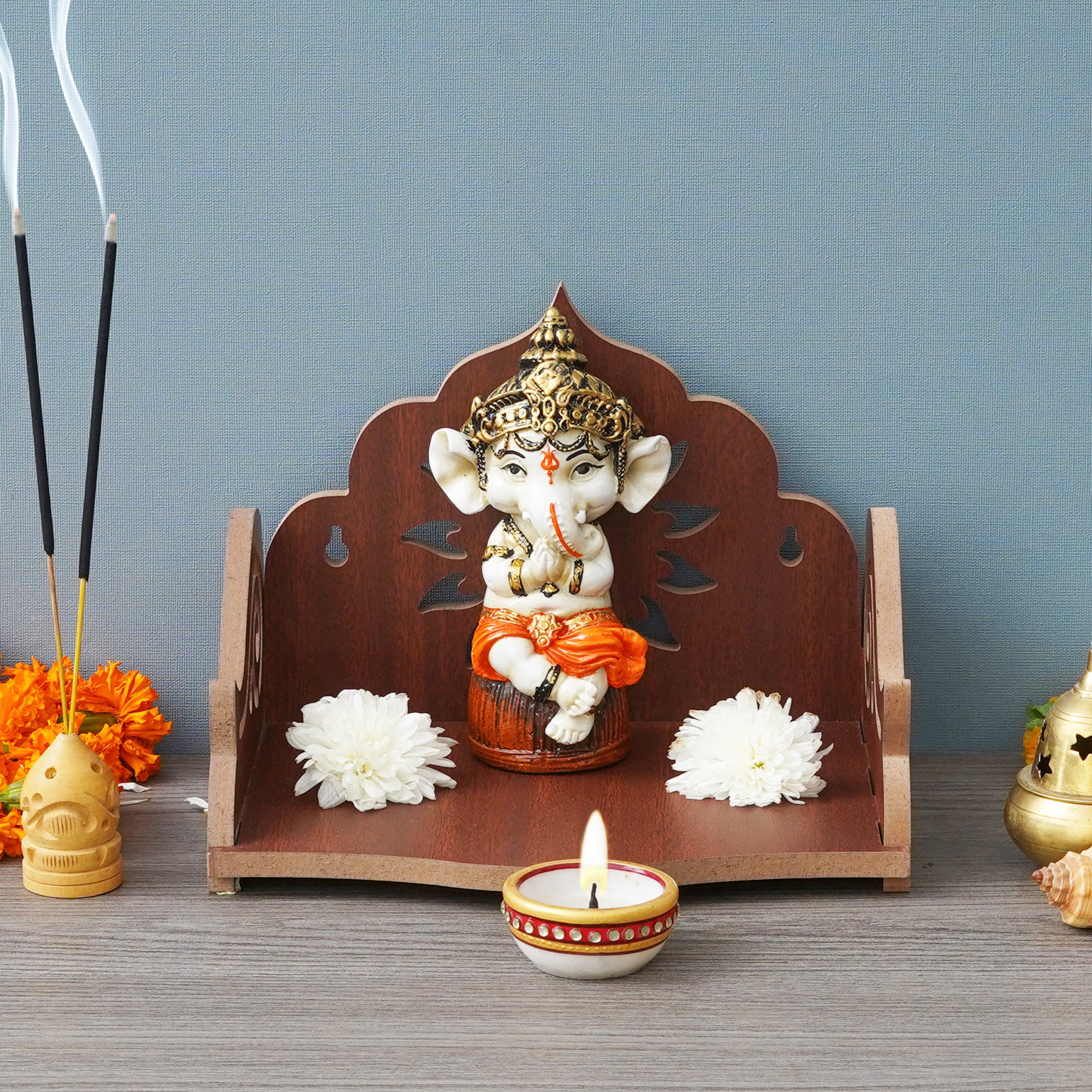 eCraftIndia Brown Decorative Beautiful Wooden Temple for Home Office and Shop 5