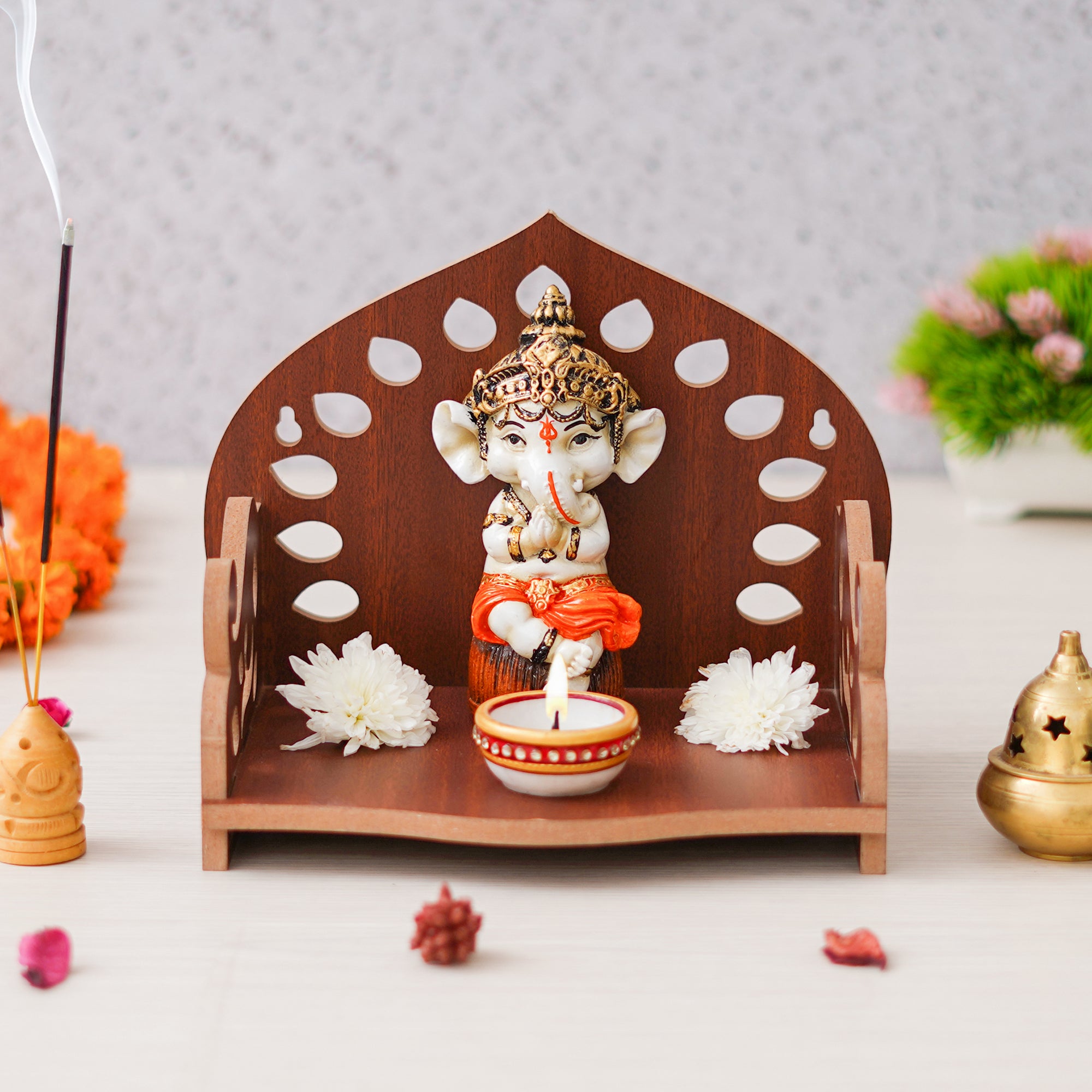 eCraftIndia Brown Decorative Beautiful Wooden Temple for Home Office, and Shop