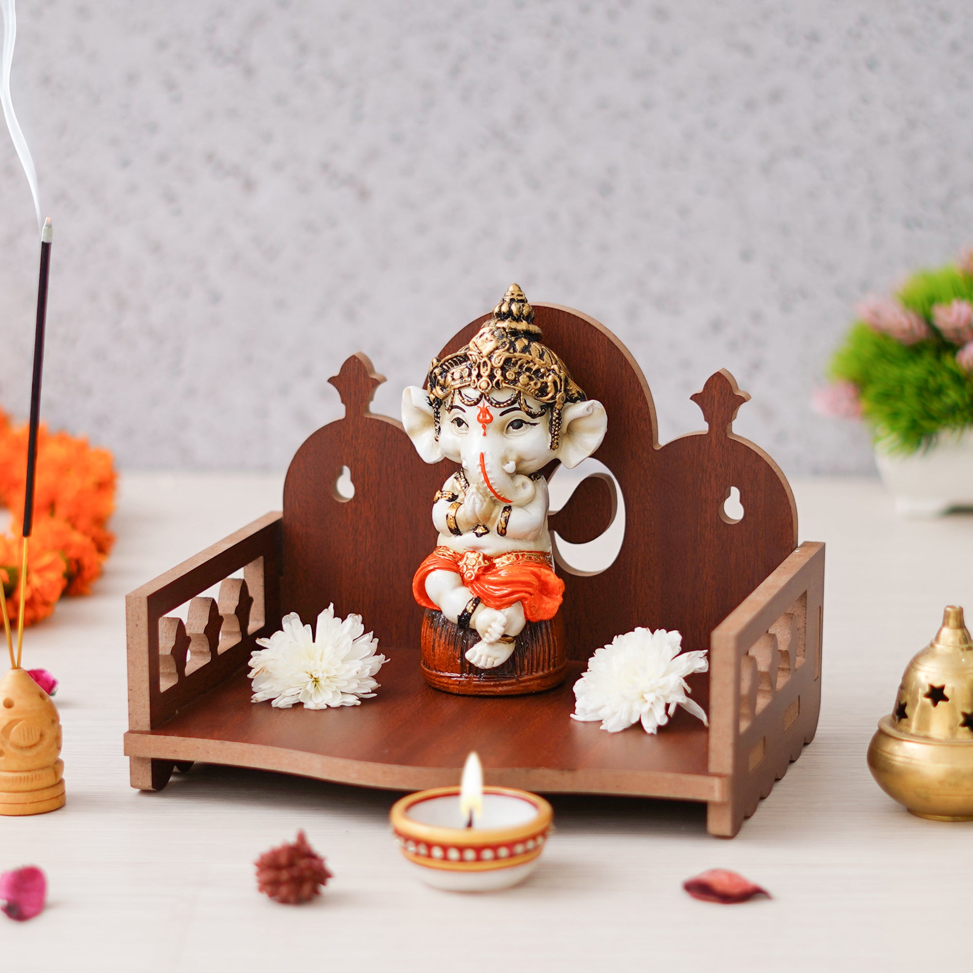 eCraftIndia Brown Om Symbol Decorative Wooden Temple for Home Office, and Shop 1