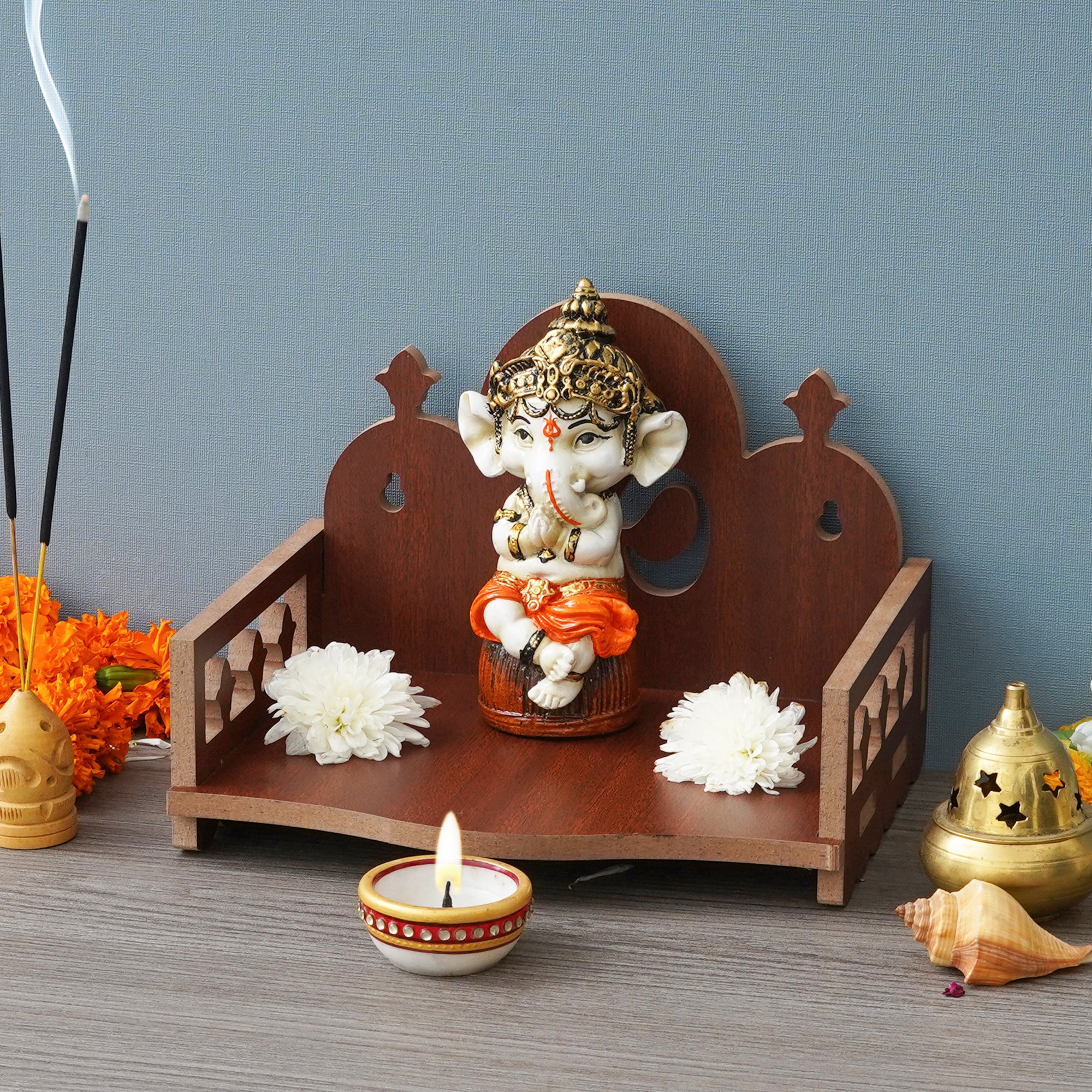 eCraftIndia Brown Om Symbol Decorative Wooden Temple for Home Office, and Shop 4