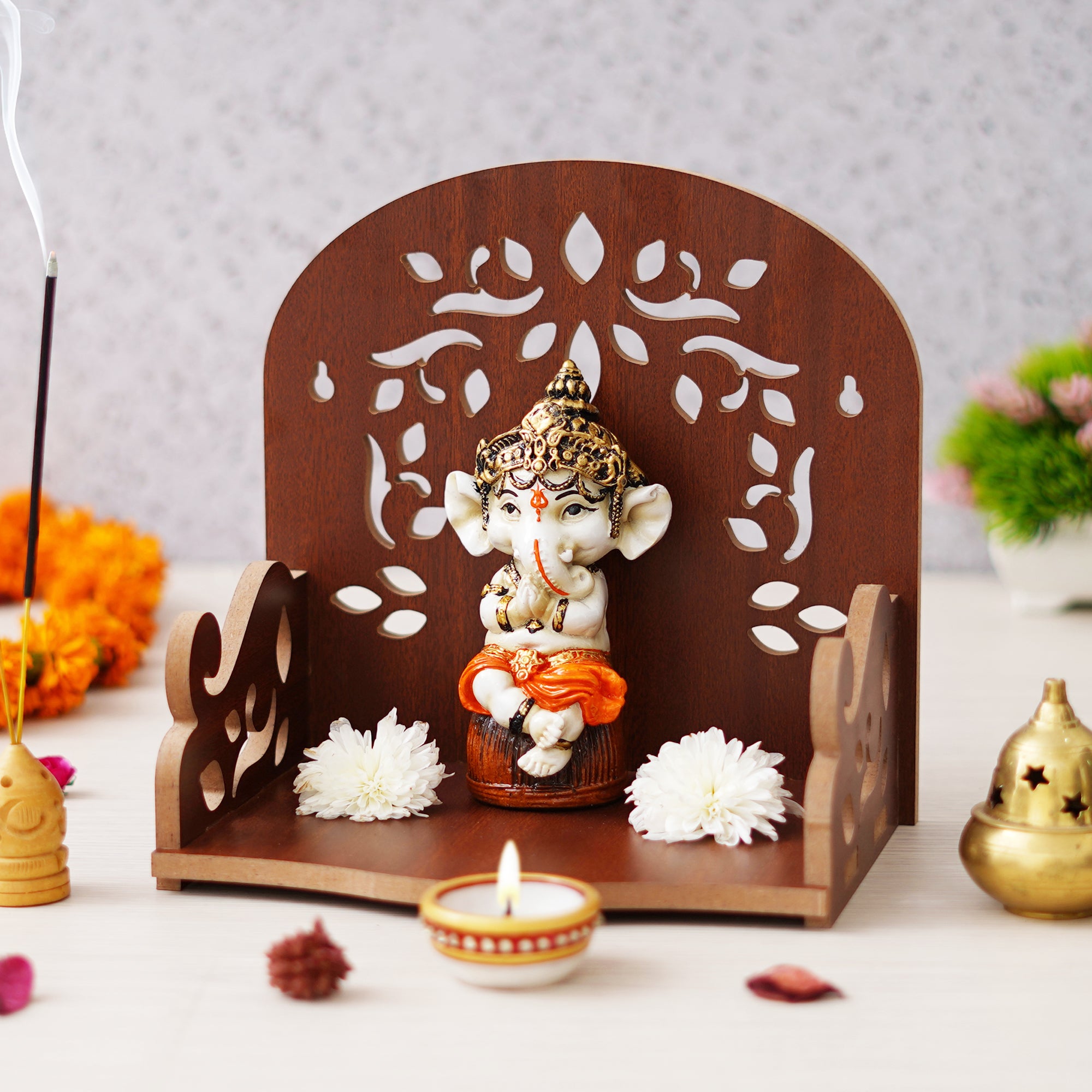 eCraftIndia Brown Floral Designer Beautiful Wooden Temple for Home Office and Shop 1