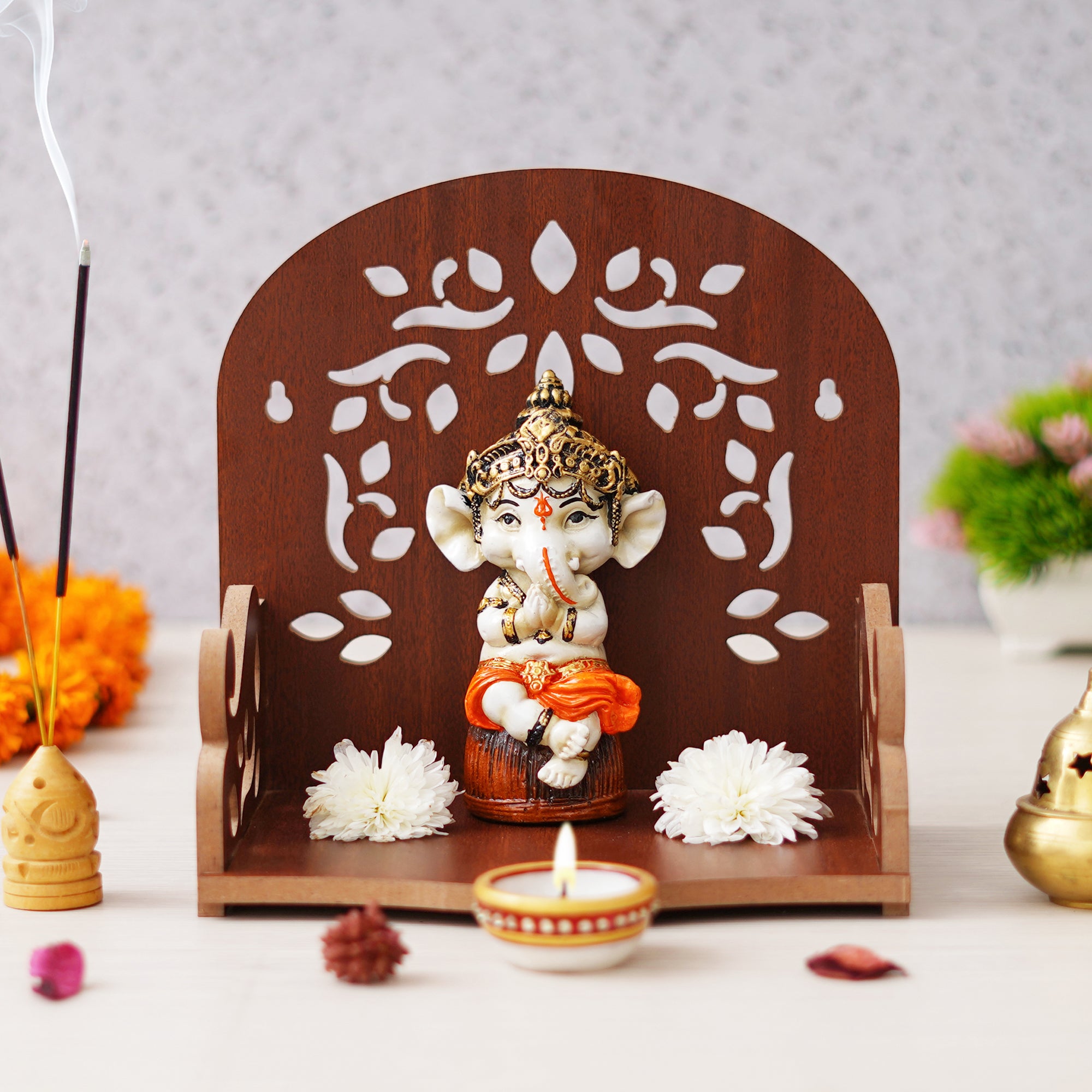 eCraftIndia Brown Floral Designer Beautiful Wooden Temple for Home Office and Shop