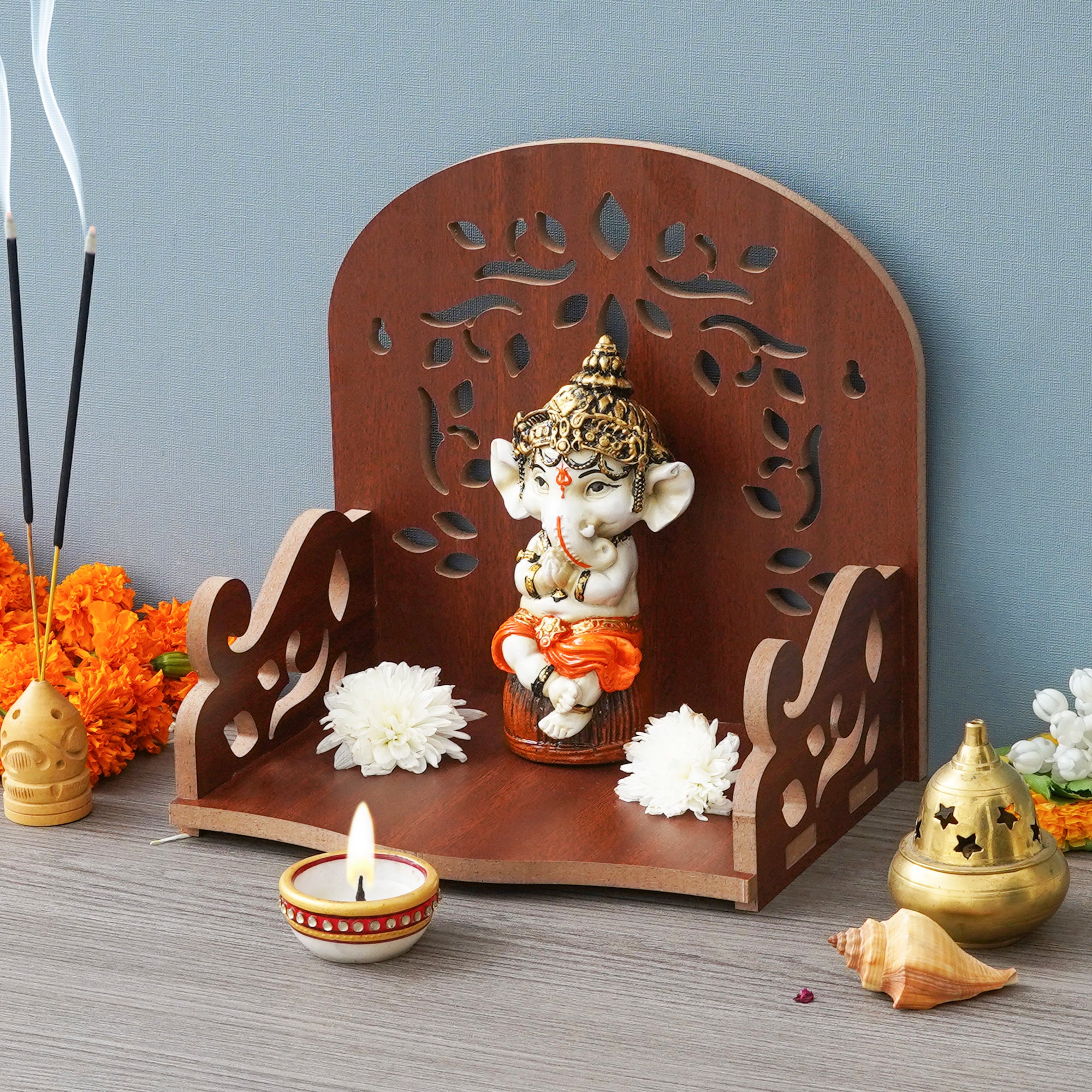 eCraftIndia Brown Floral Designer Beautiful Wooden Temple for Home Office and Shop 4