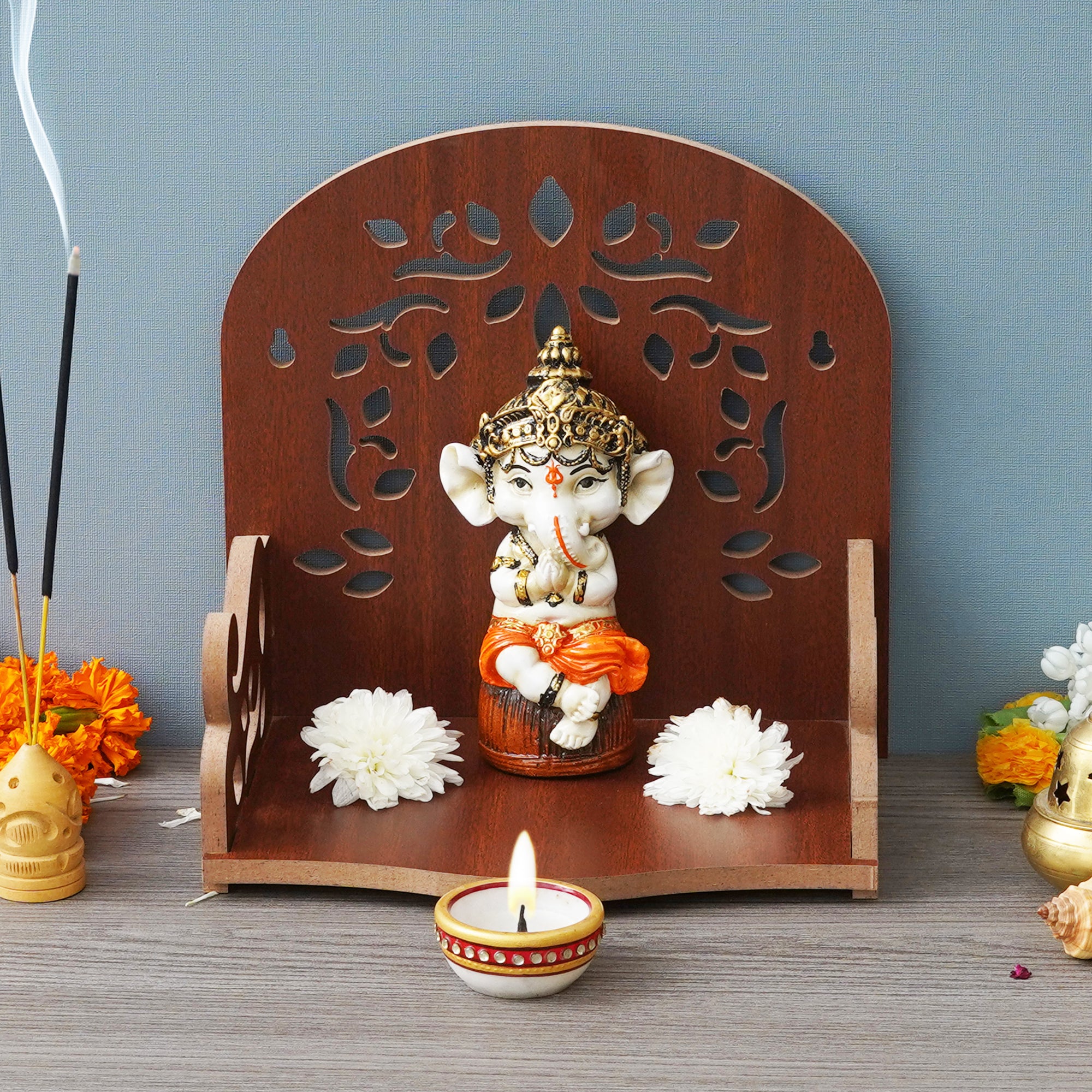 eCraftIndia Brown Floral Designer Beautiful Wooden Temple for Home Office and Shop 5