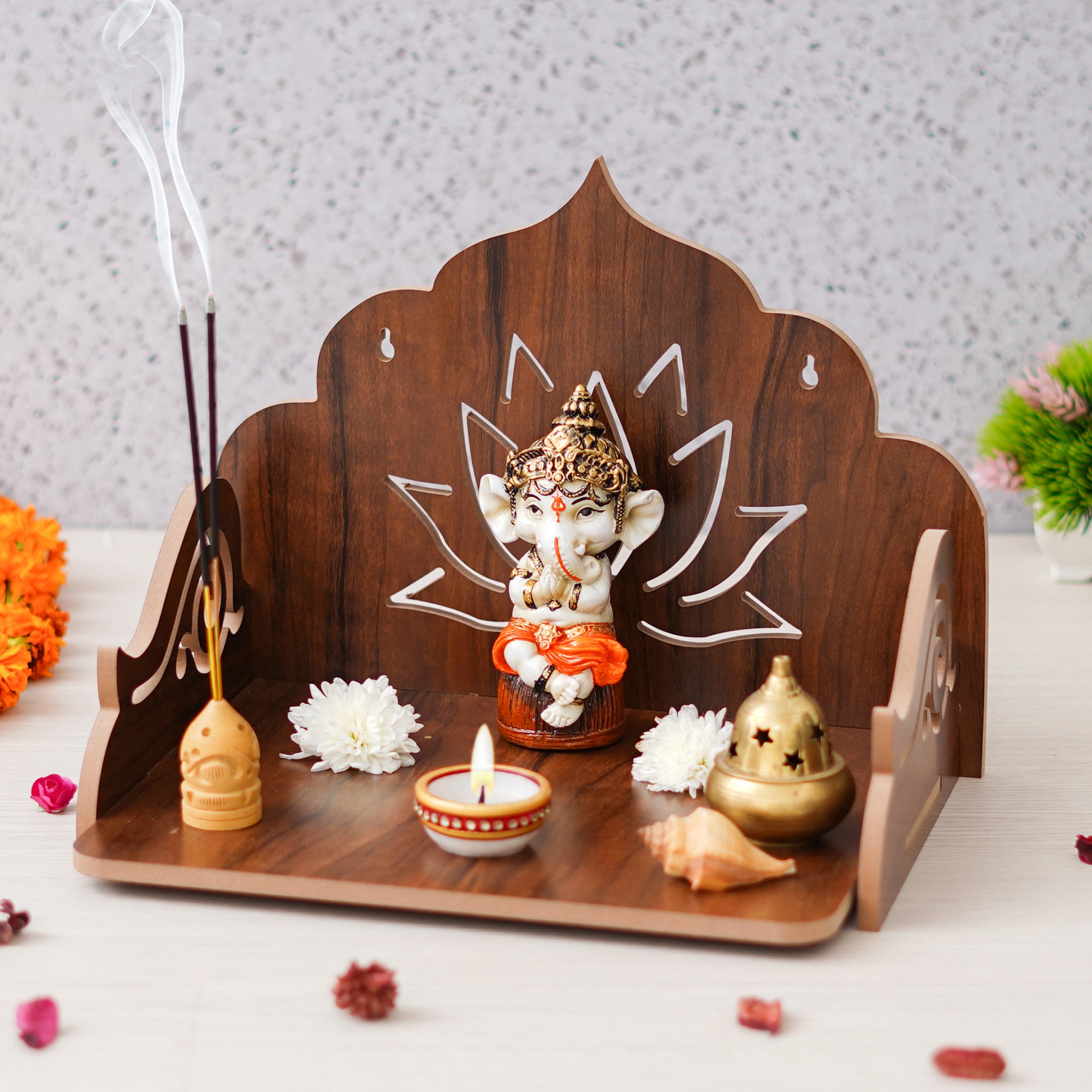 eCraftIndia Brown Lotus Designer Beautiful Wooden Temple for Home Office, and Shop 1