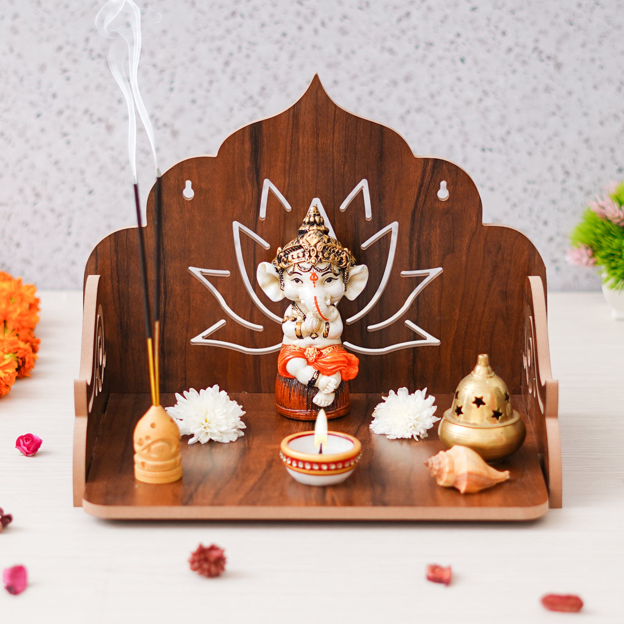 eCraftIndia Brown Lotus Designer Beautiful Wooden Temple for Home Office, and Shop