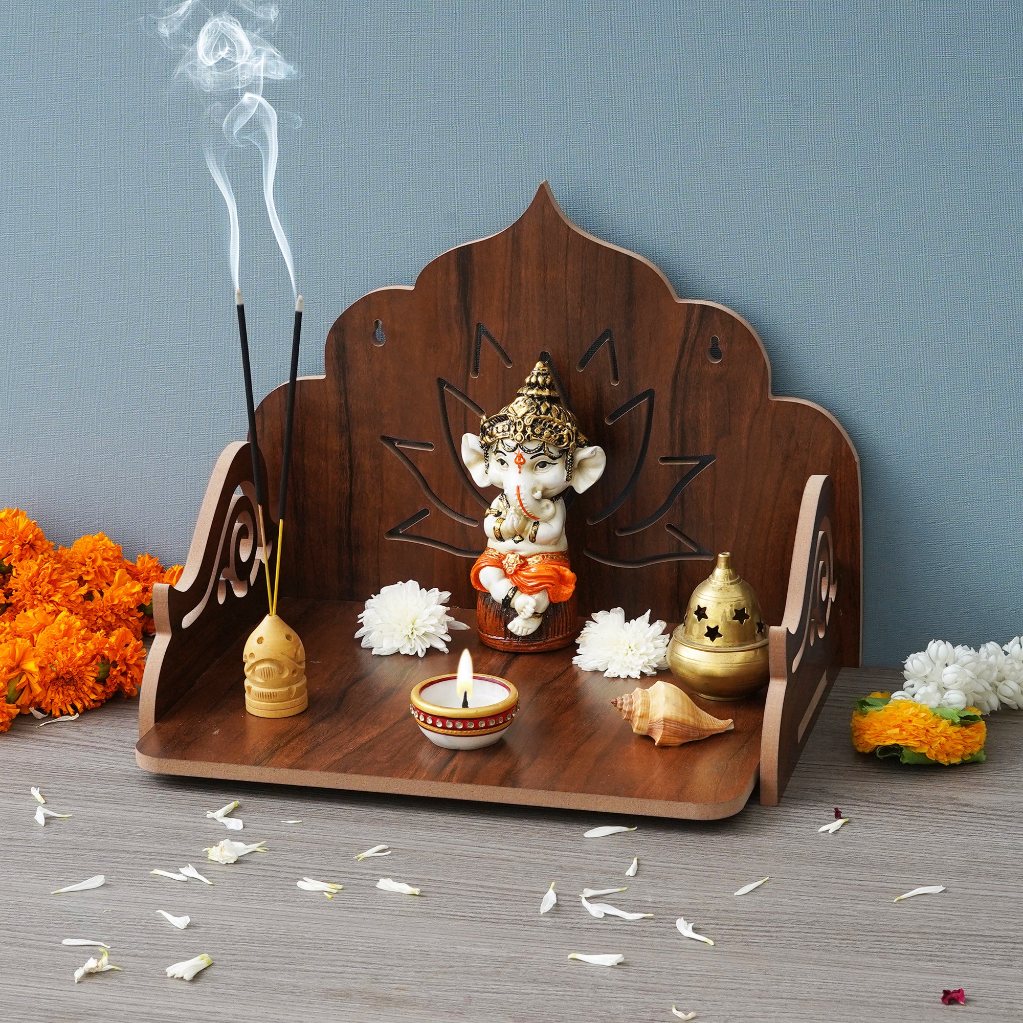 eCraftIndia Brown Lotus Designer Beautiful Wooden Temple for Home Office, and Shop 4