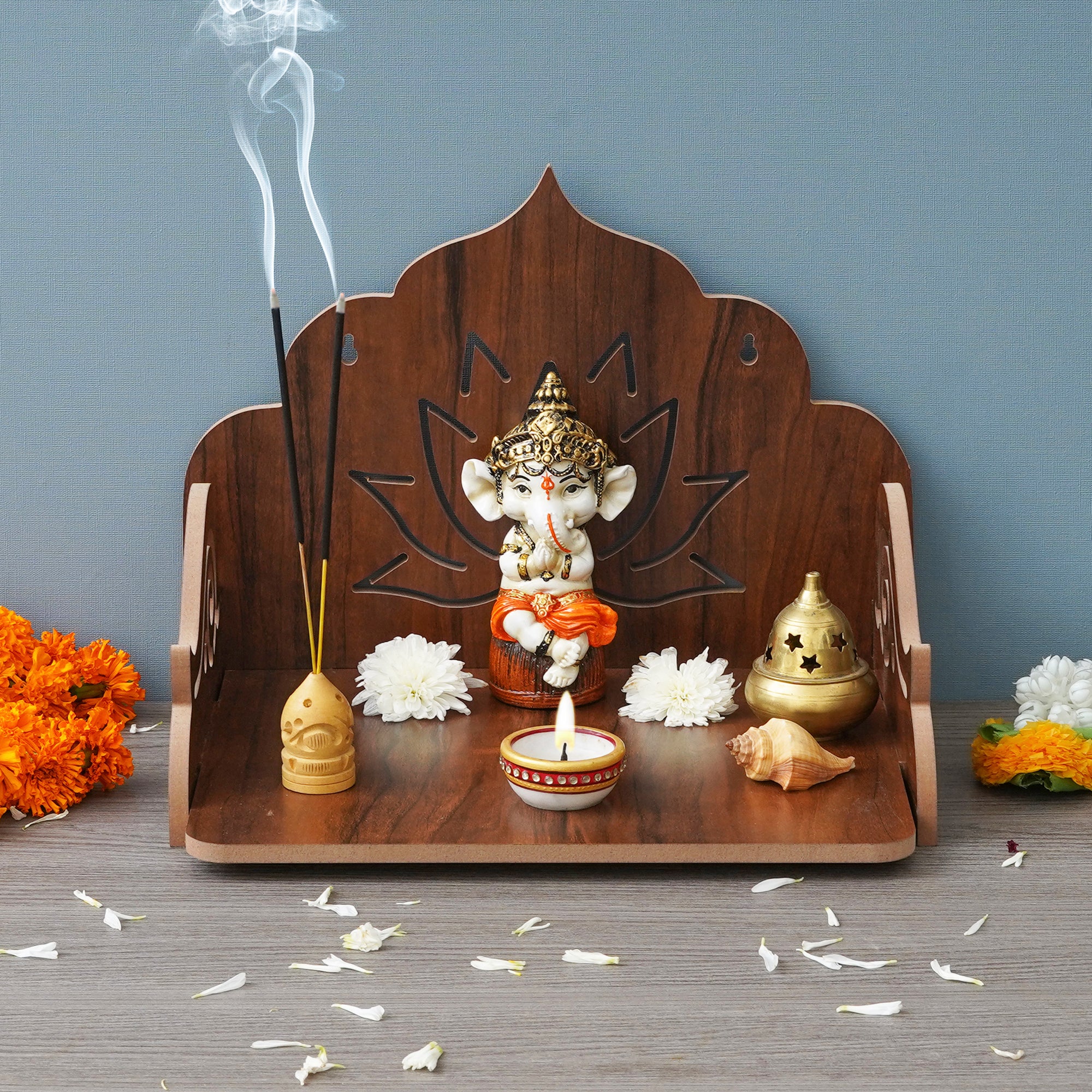 eCraftIndia Brown Lotus Designer Beautiful Wooden Temple for Home Office, and Shop 5