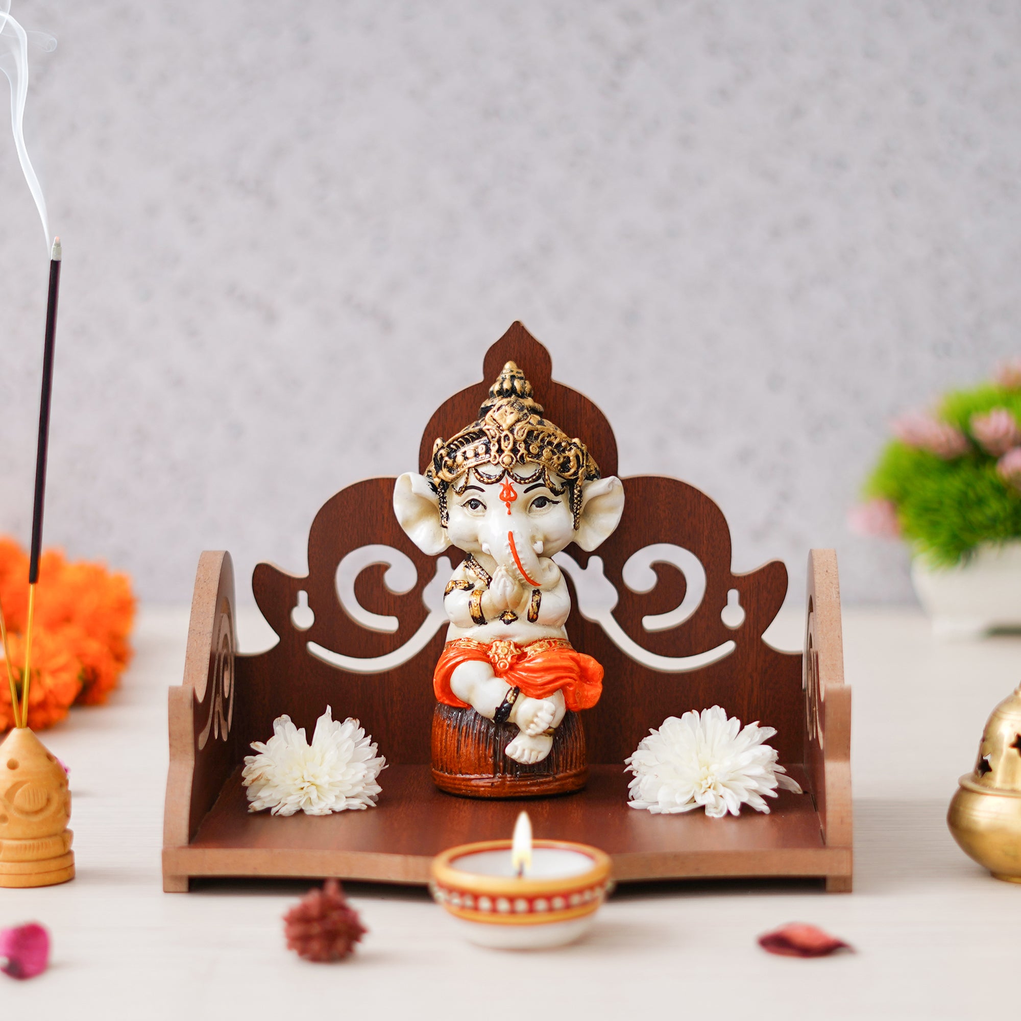 eCraftIndia Brown Decorative Beautiful Wooden Temple for Home Office, and Shop