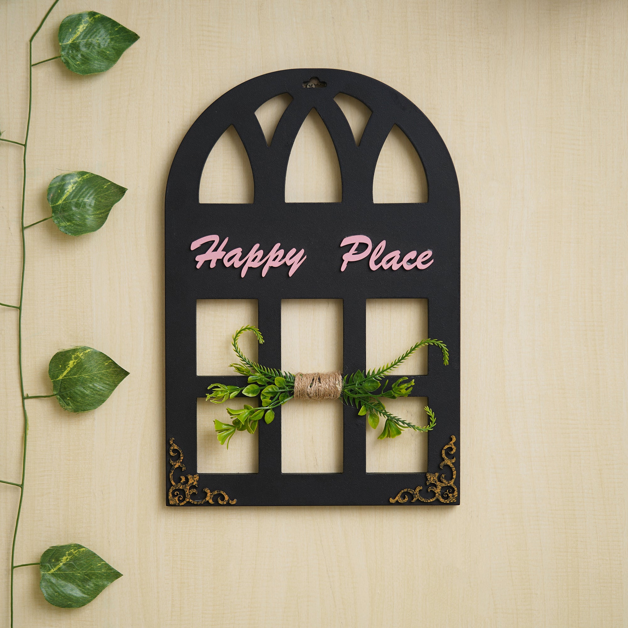 eCraftIndia Pink, Green & Black Wooden "Happy Place" Decorative Wall Hanging Showpiece