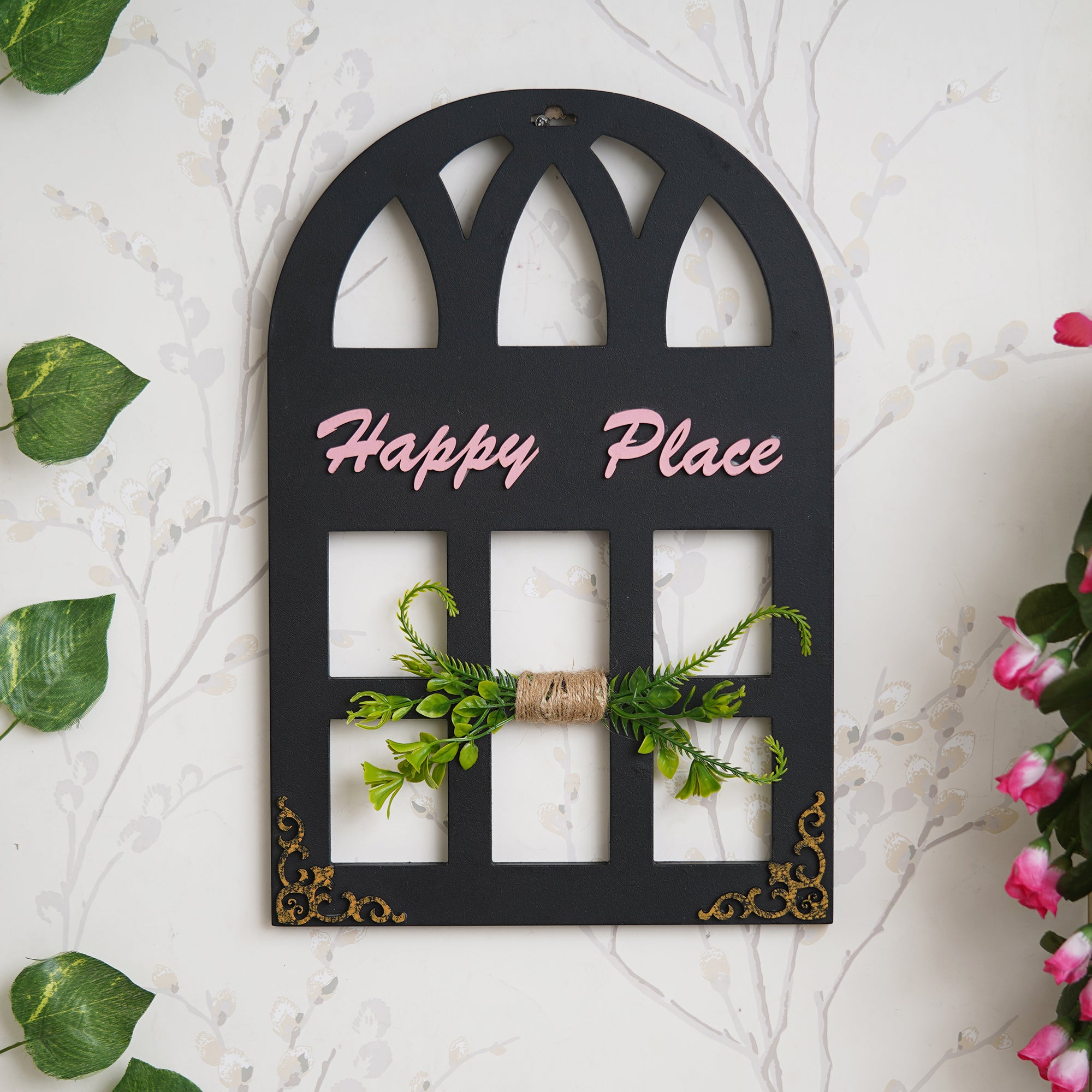 eCraftIndia Pink, Green & Black Wooden "Happy Place" Decorative Wall Hanging Showpiece 1