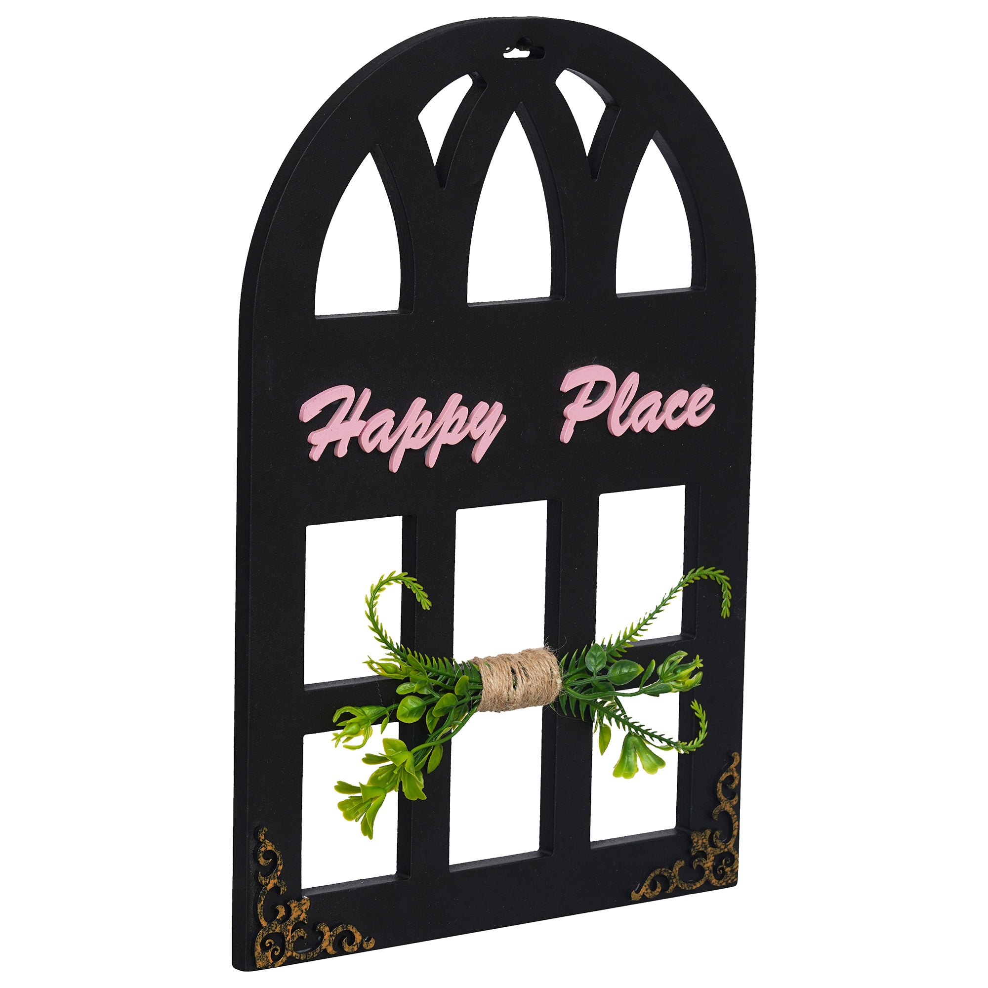 eCraftIndia Pink, Green & Black Wooden "Happy Place" Decorative Wall Hanging Showpiece 4