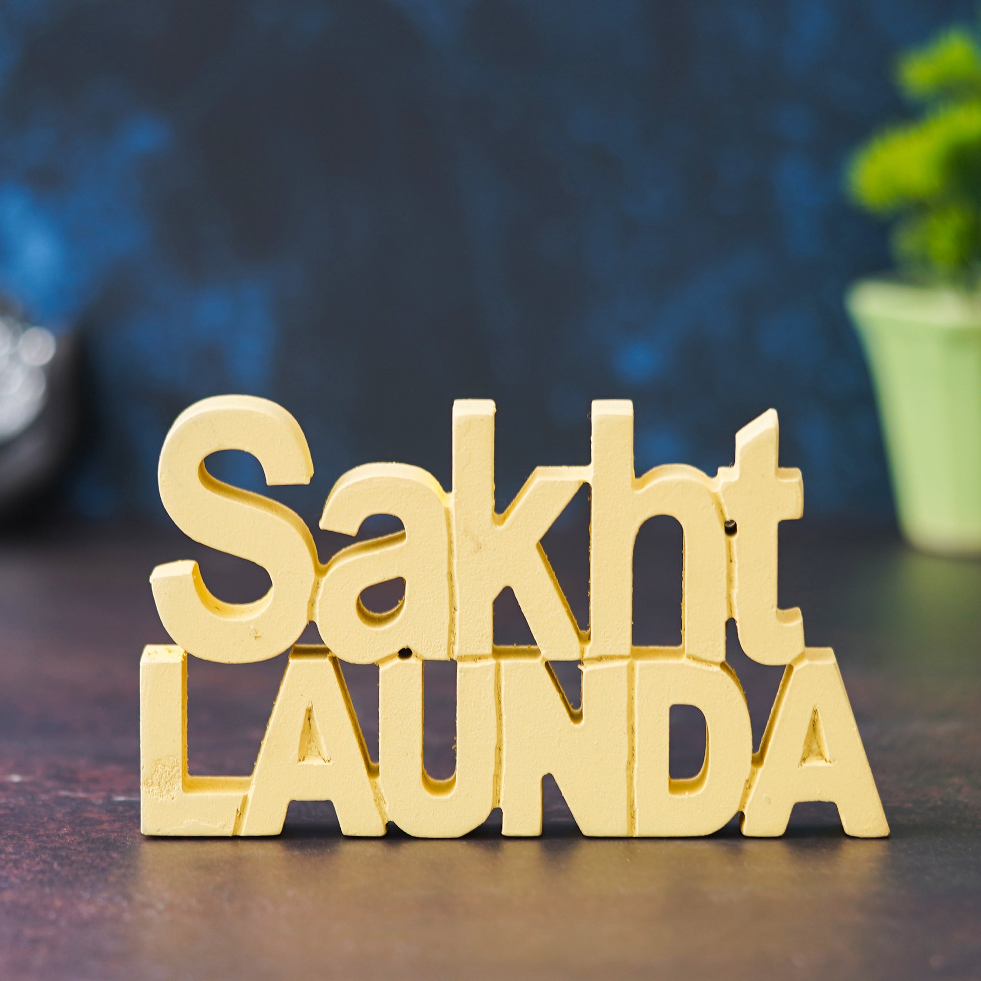 eCraftIndia Yellow Handcrafted Quirky "Sakht Launda" Wooden Cutout Decorative Showpiece