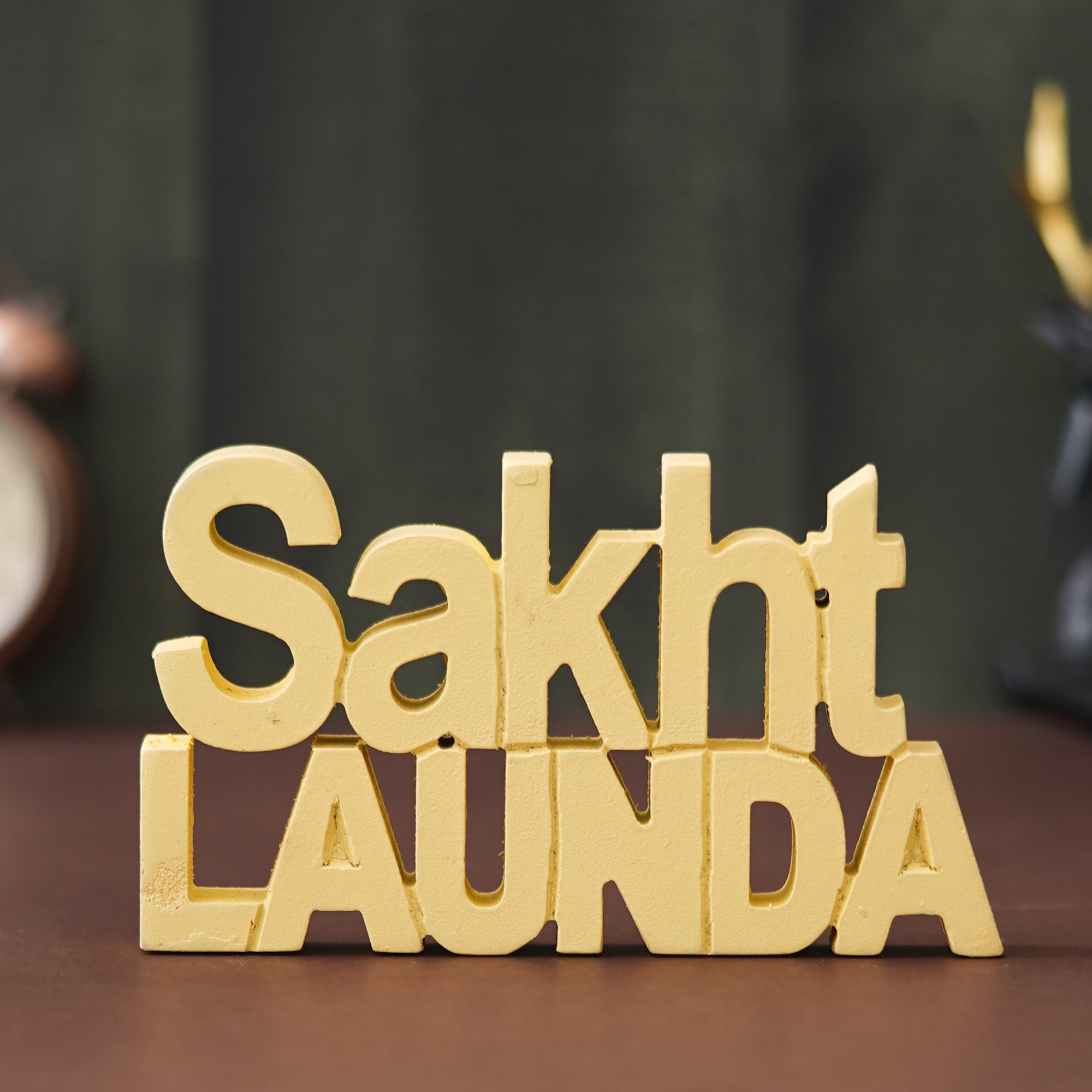 eCraftIndia Yellow Handcrafted Quirky "Sakht Launda" Wooden Cutout Decorative Showpiece 4