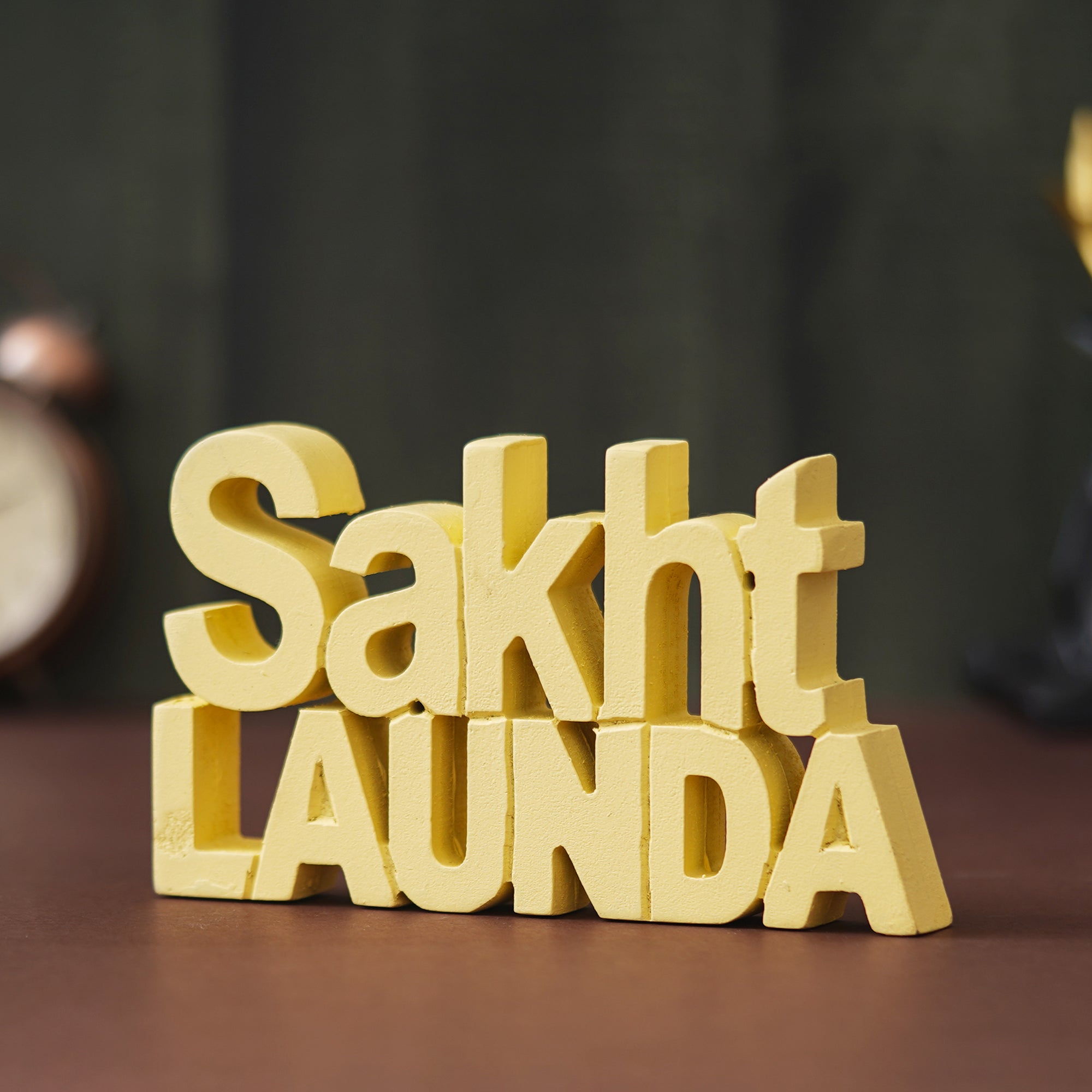 eCraftIndia Yellow Handcrafted Quirky "Sakht Launda" Wooden Cutout Decorative Showpiece 5